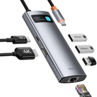 Baseus USB-C Hub 6 en 1  HDMI 4K, 3×USB 3.0, RJ45, SD/TF, Power Delivery