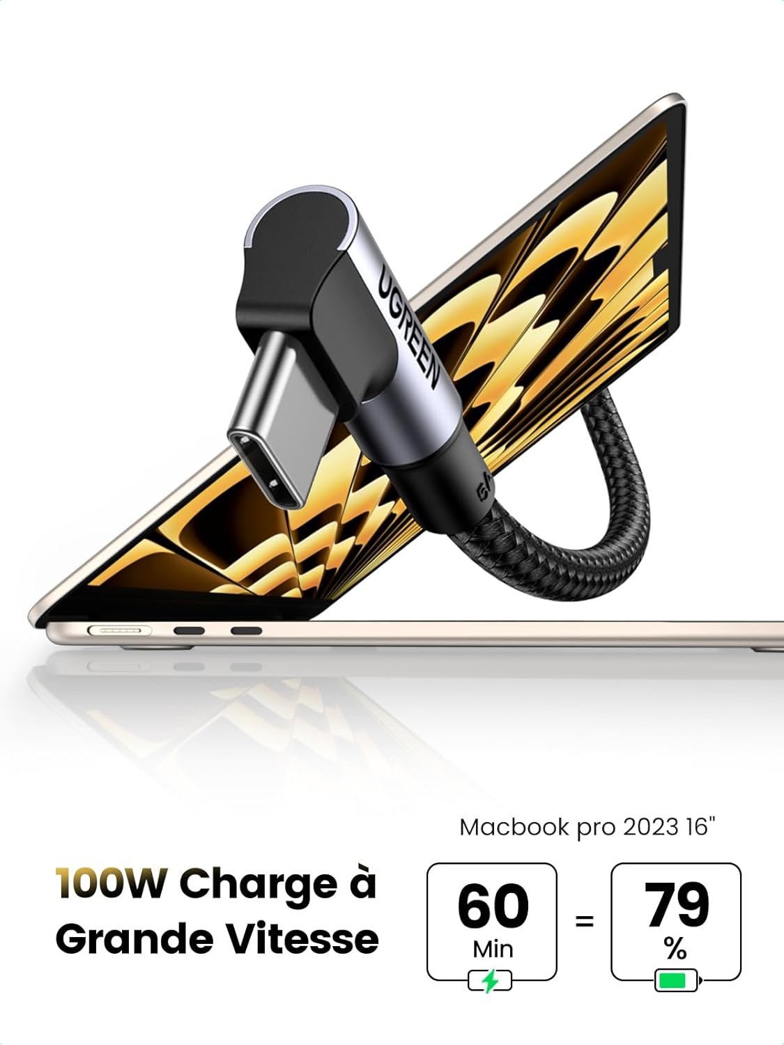 Câble UGREEN USB-C vers USB-C 100W (Modèle 70427B) – Image 3