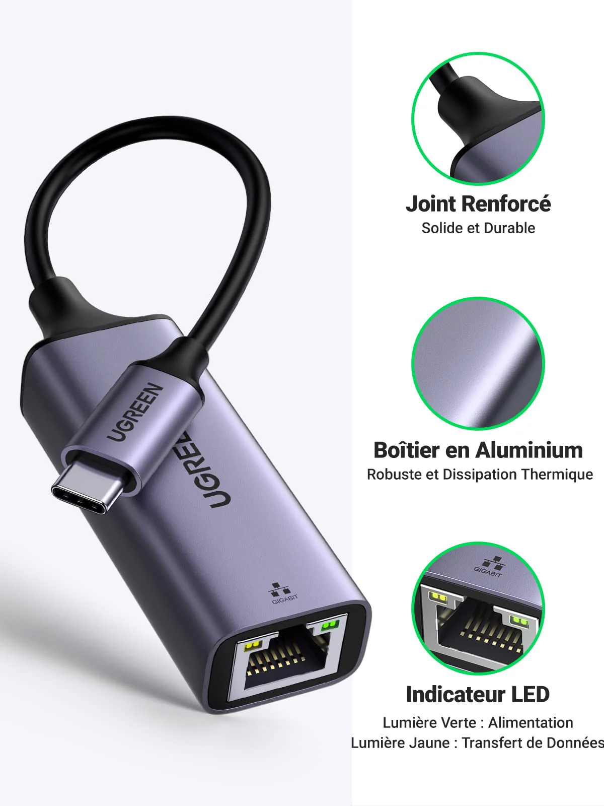 Adaptateur UGREEN USB-C vers Ethernet Gigabit (ModĂšle 50737) â Image 4