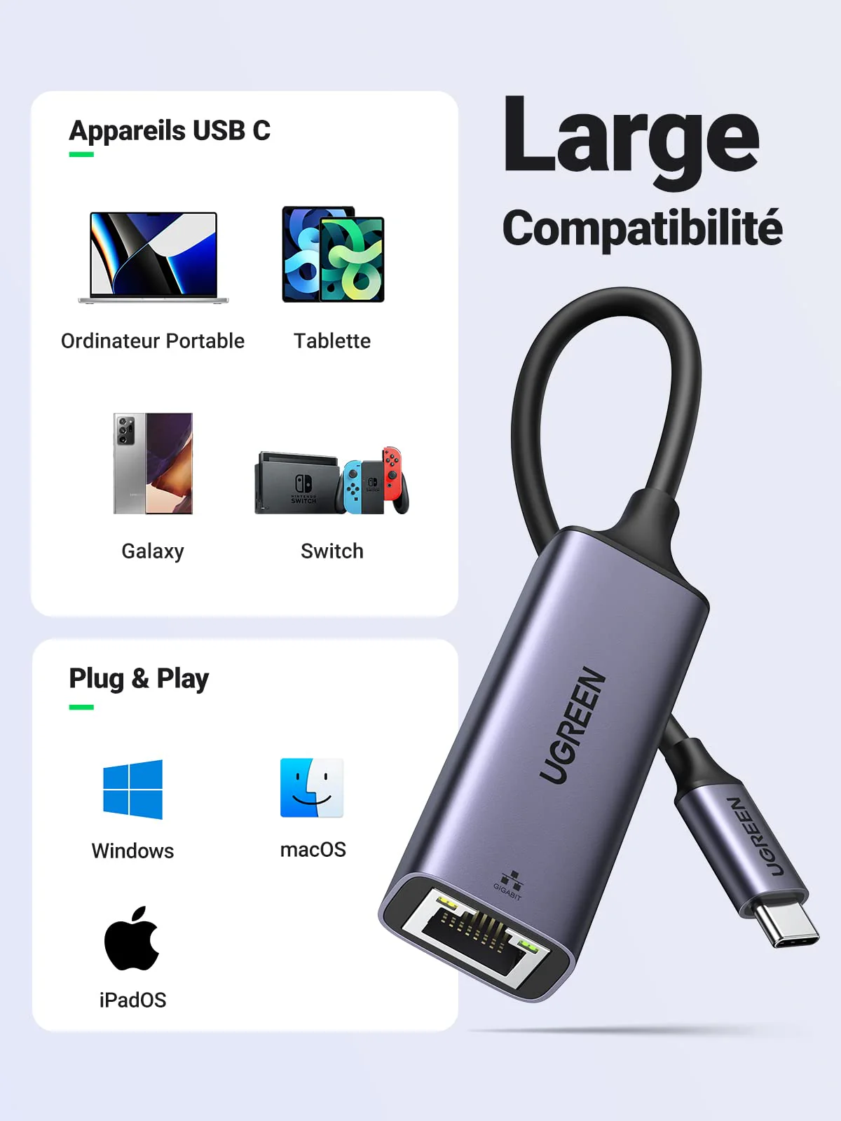 Adaptateur UGREEN USB-C vers Ethernet Gigabit (ModĂšle 50737) â Image 5