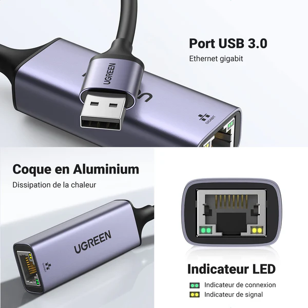 Adaptateur UGREEN USB 3.0 vers Gigabit Ethernet (Modèle 20256). – Image 4